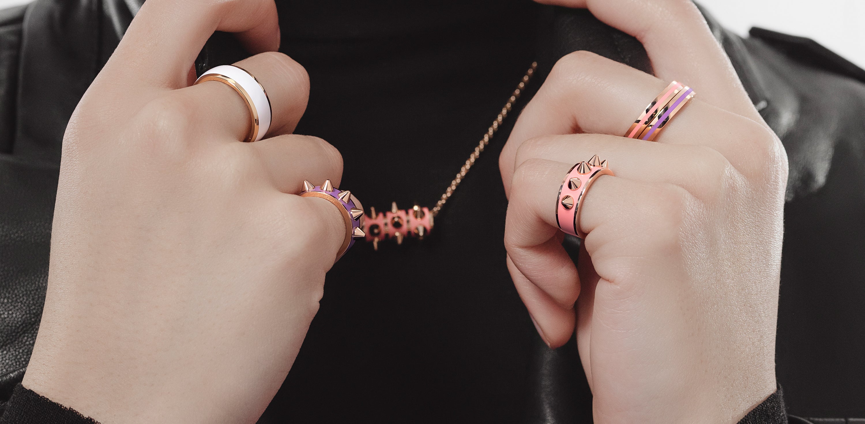 Women's Fine Jewelry - Xander Jane 18k Gold with Black, White, Pink and Violet Ceramic Collection - Luxury Rings, Earrings, Necklaces and Bracelets with Contemporary Inlay Design.