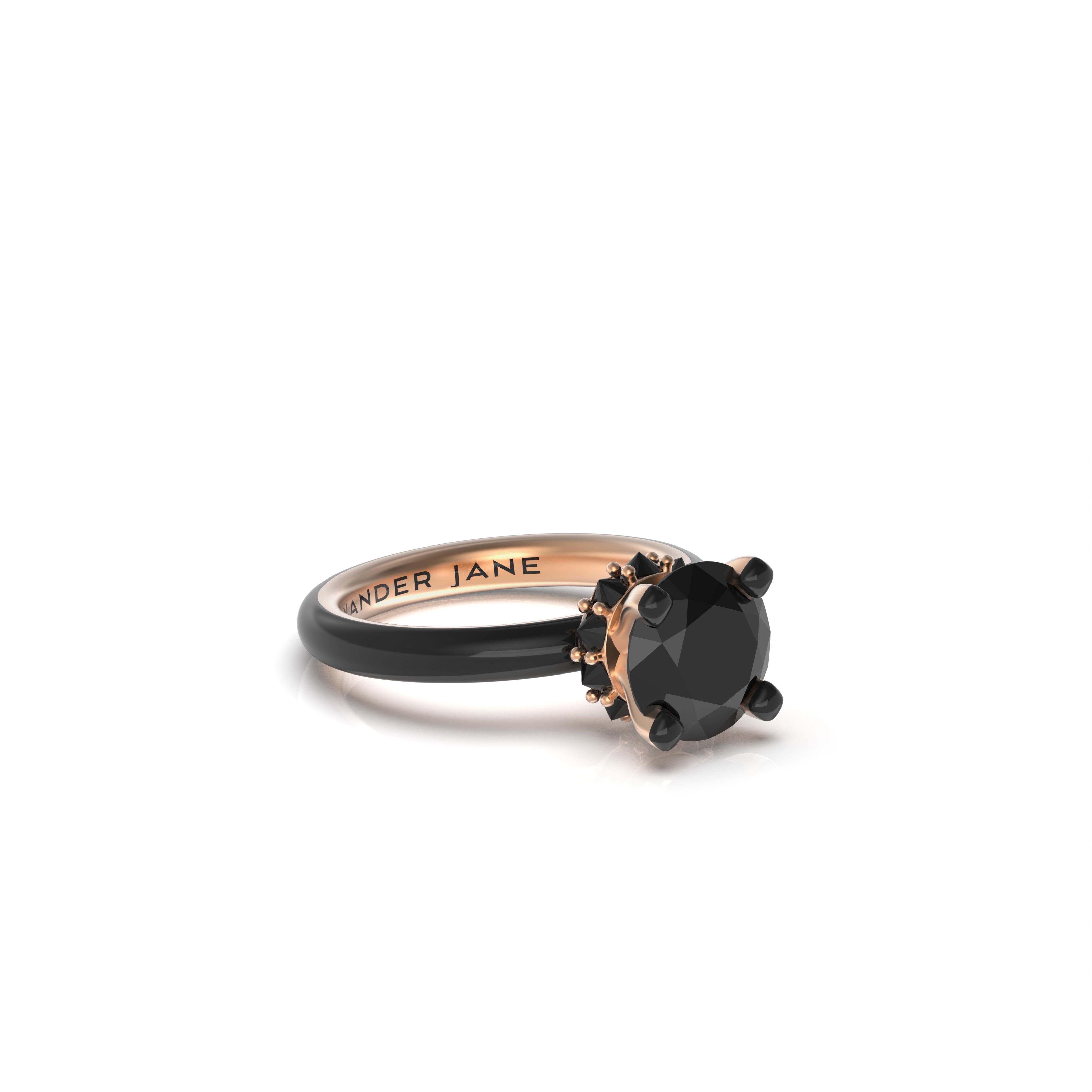 Three-quarter perspective of Eclipse halo engagement ring, displaying the harmonious blend of 2.70ct black diamond center, reverse-set diamond halo, and black ceramic band