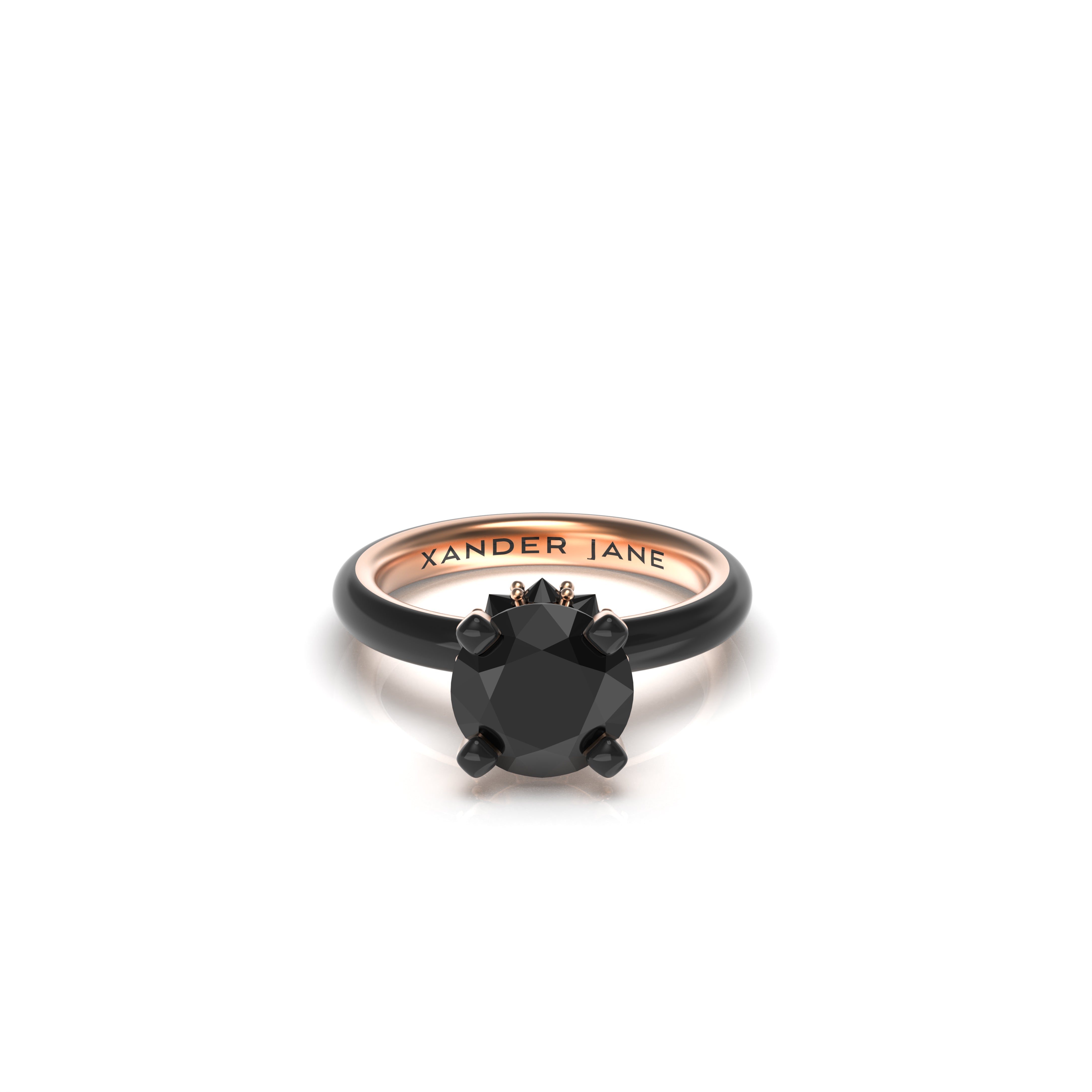 Eclipse engagement ring featuring a 2.70ct black diamond center stone surrounded by a distinctive halo of reverse-set black diamonds, set in black ceramic and 18K rose gold