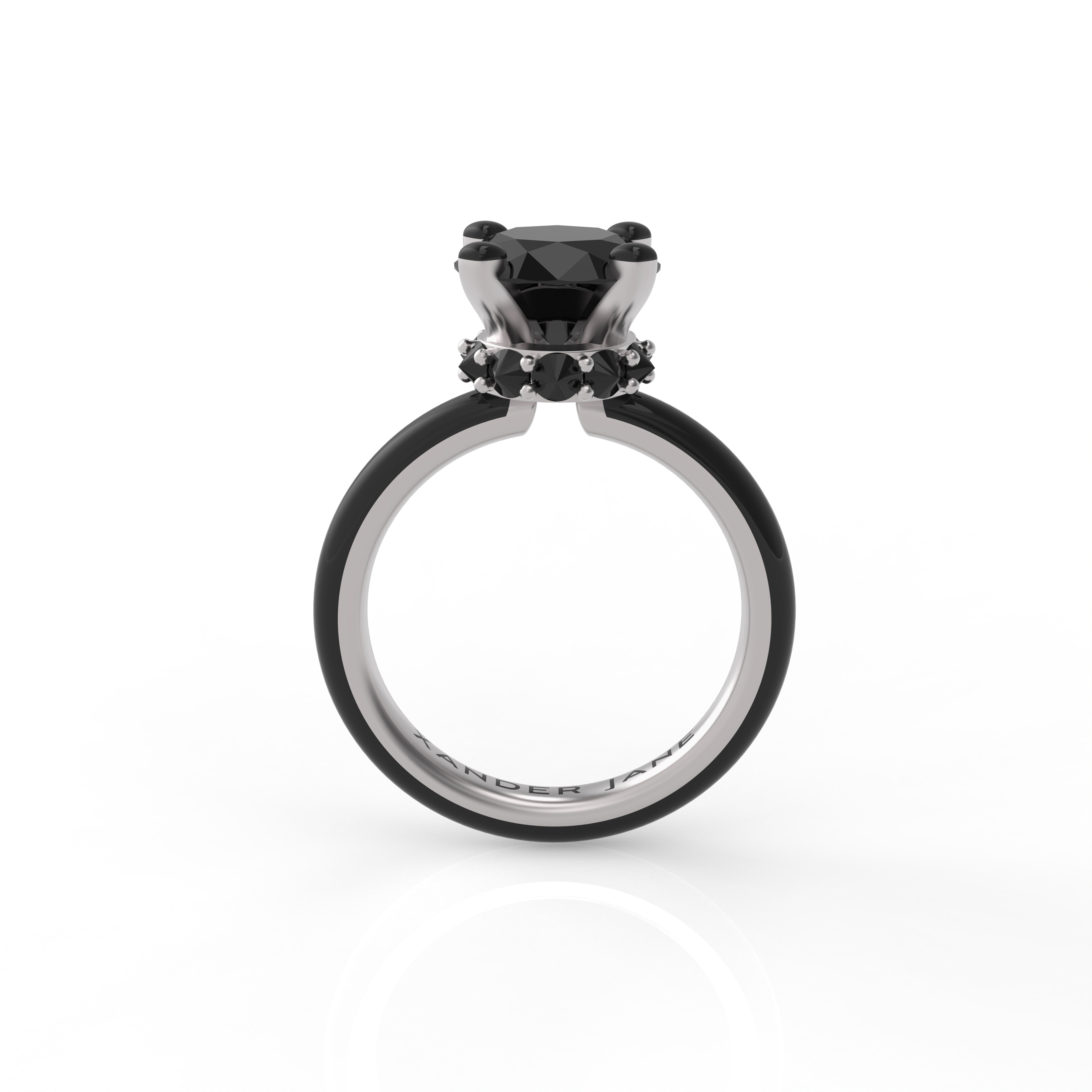 Front view of Eclipse engagement ring with black ceramic band and halo of spiked diamonds