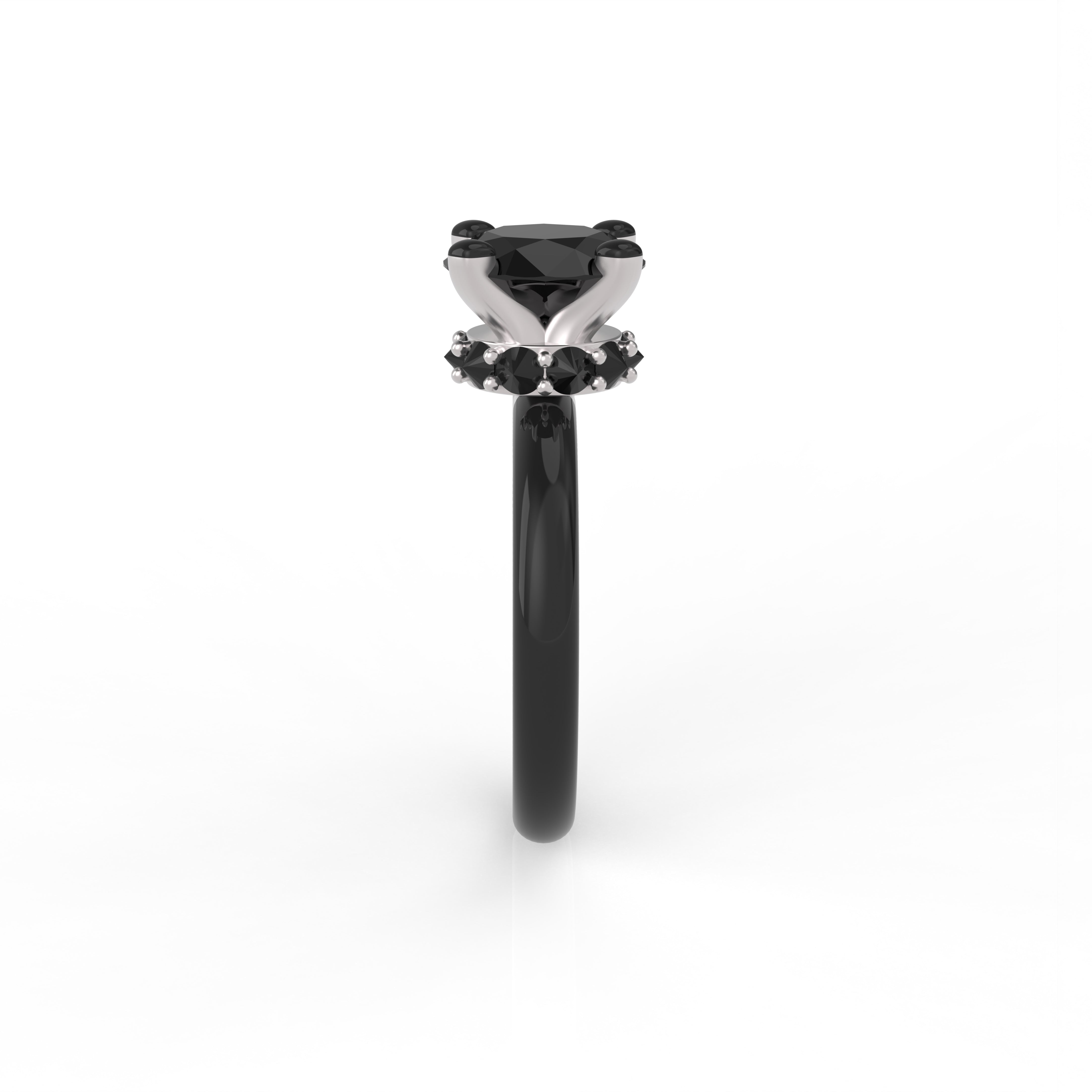 Black ceramic and white gold Eclipse ring profile highlighting architectural setting design