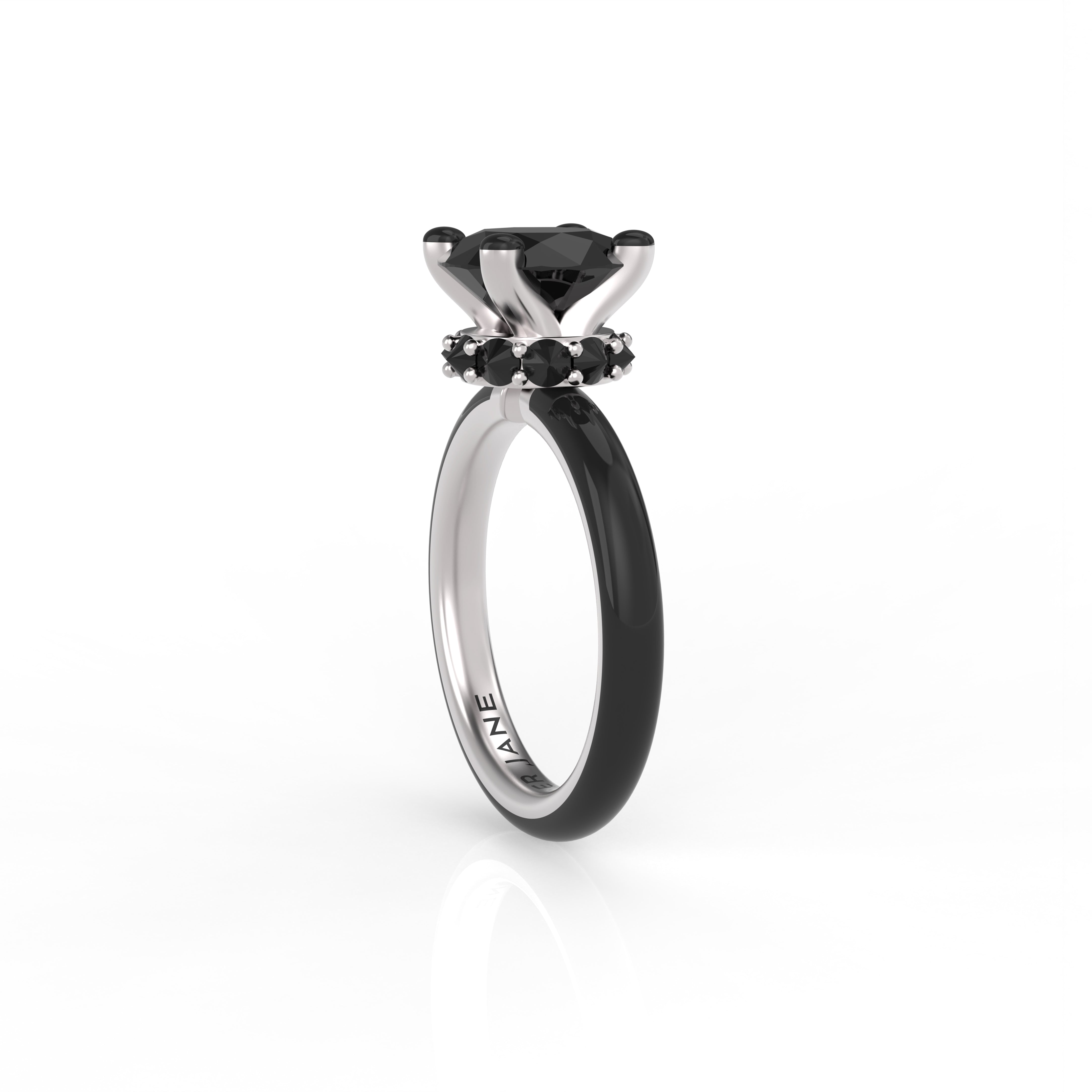 Eclipse engagement ring side view showcasing 2.70ct black diamond and reverse-set accent stones